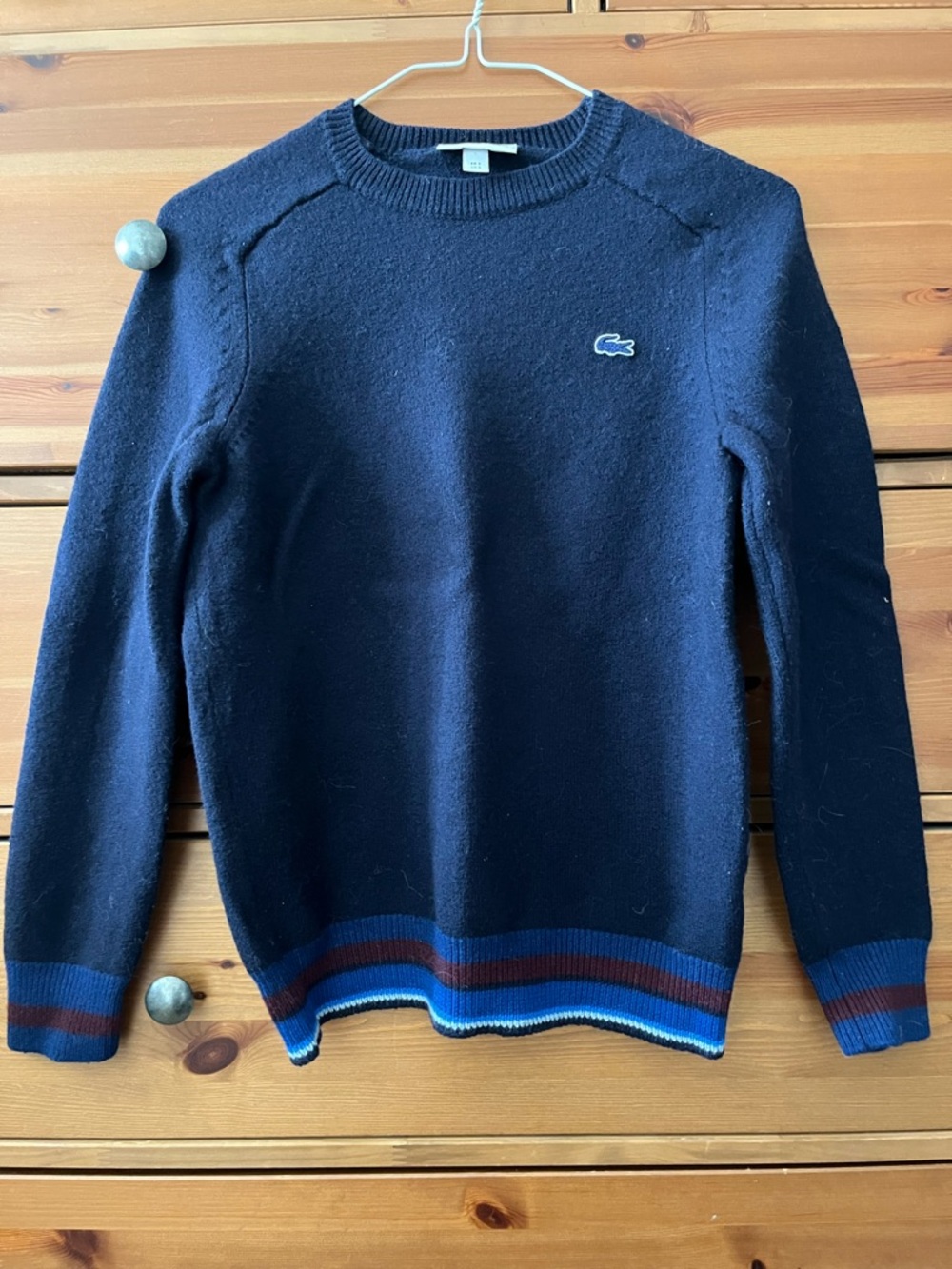 Lacoste Navy Crewneck Sweater with Blue and Burgundy Trim